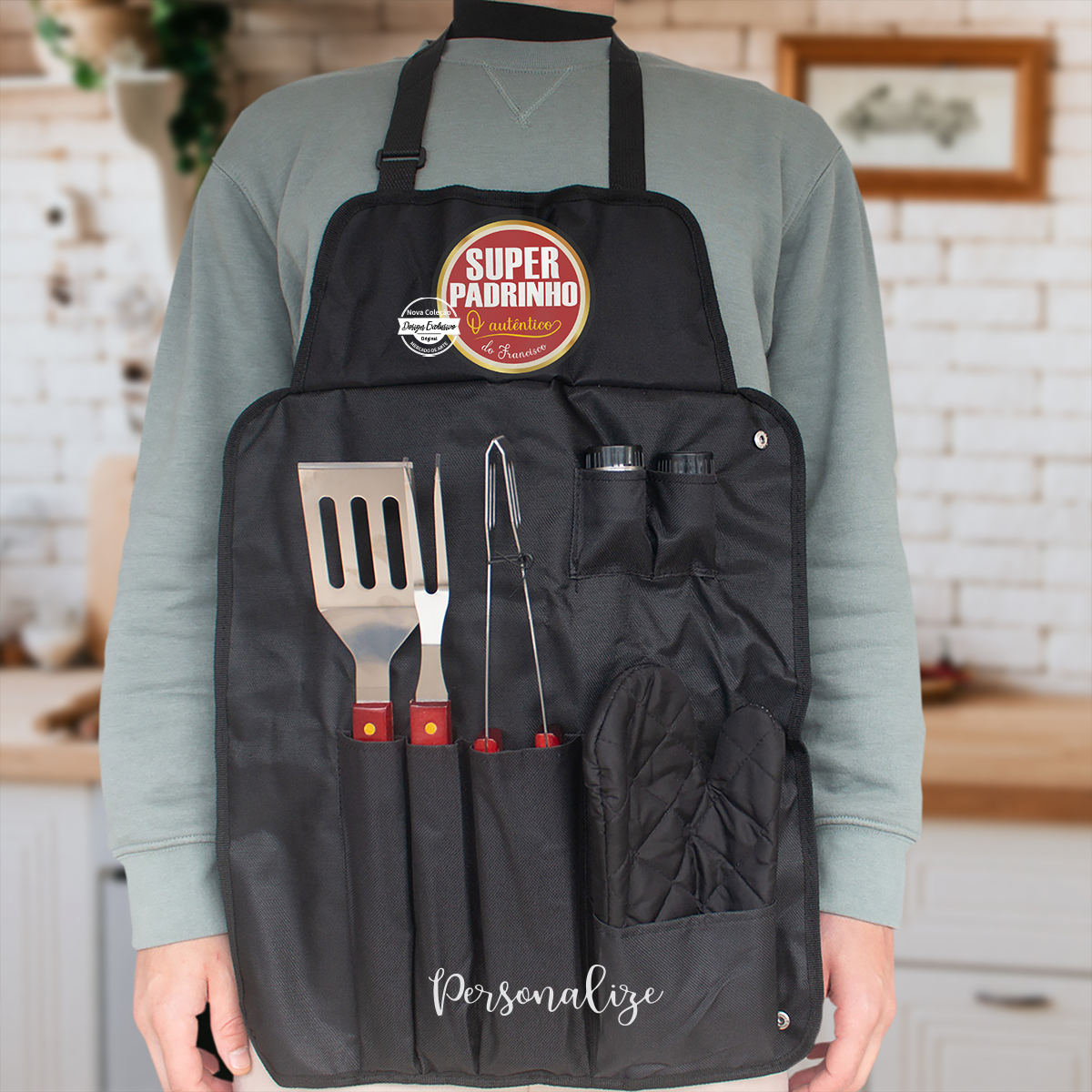 Avental com kit de churrasco "Super Padrinho"