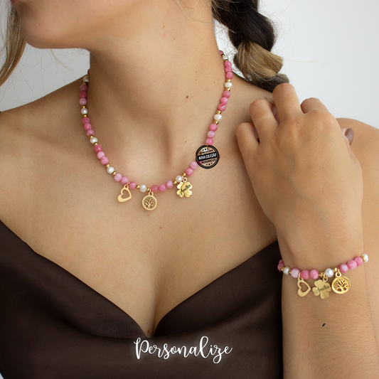 Conjunto fio e/ou pulseira ágata rosa cereja "Nome"