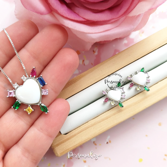 Conjunto semijoia coração madrepérola