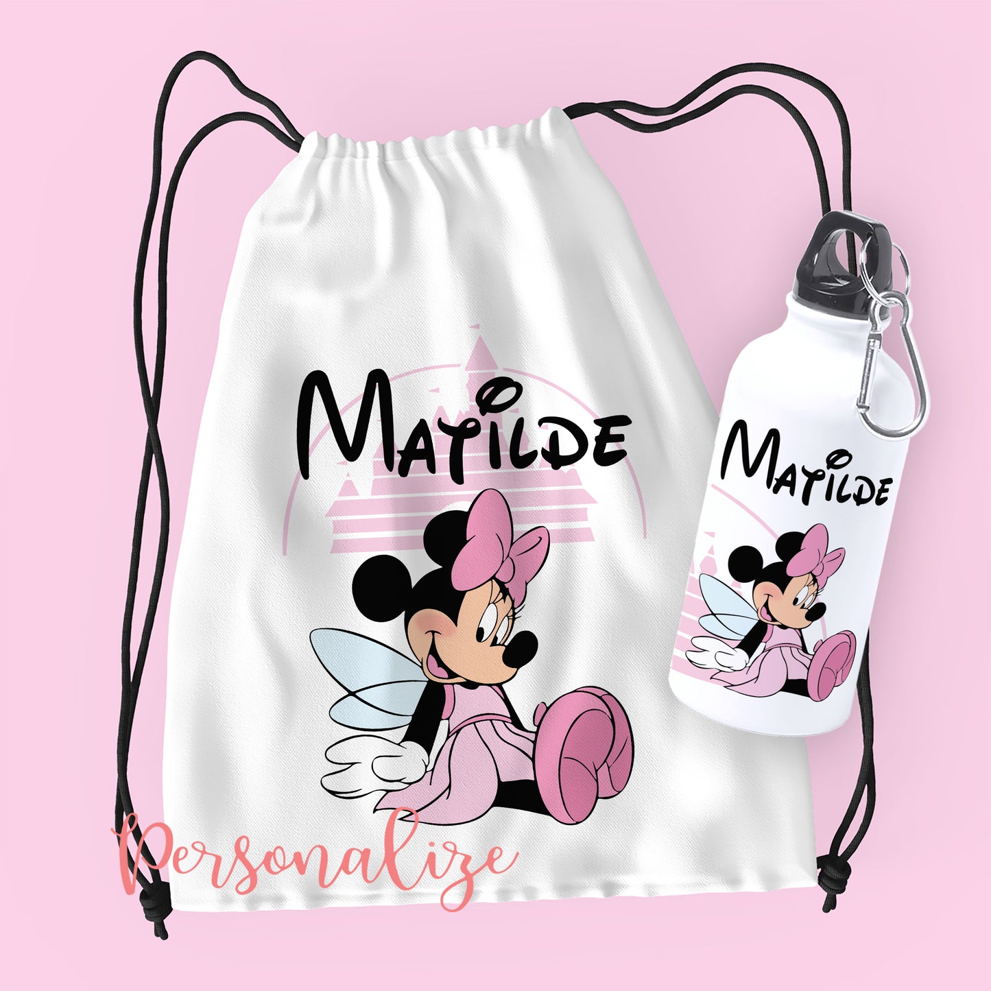 Mochila saco e garrafa com a " Minnie Fada ou Mickey"