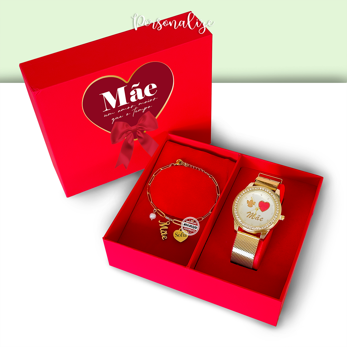 Conjunto relógio e pulseira "Mãe" - oferta caixa