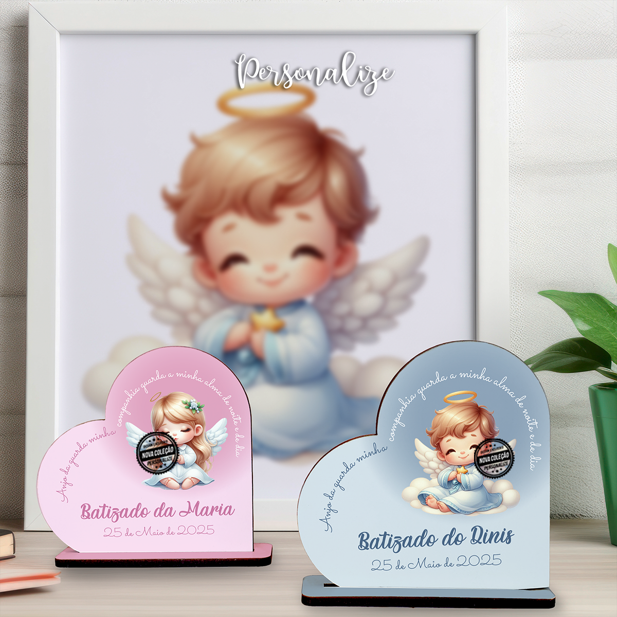 Moldura coração anjinho da guarda "Batizado"