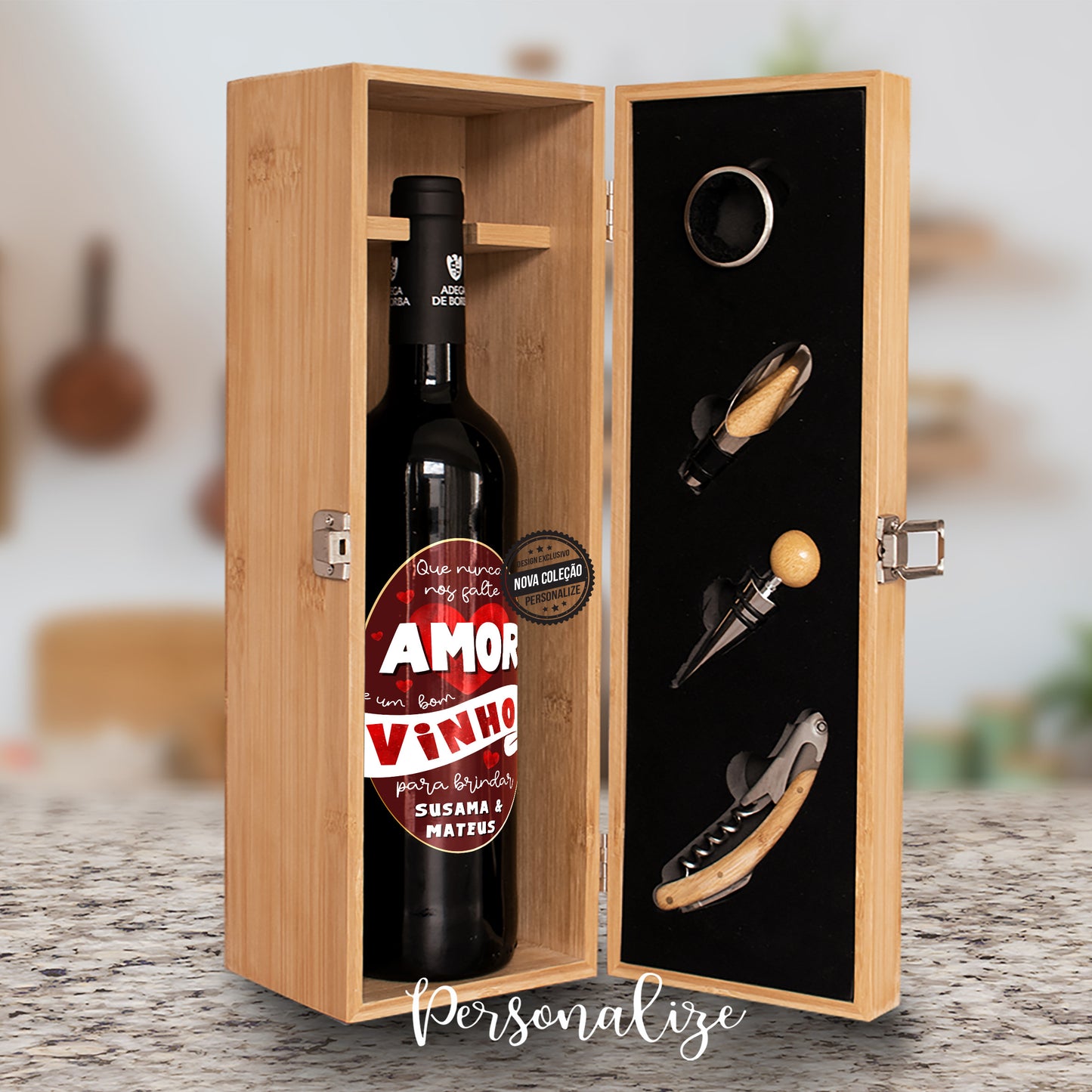 Conjunto de vinho " Que nunca nos falte AMOR e um bom vinho "