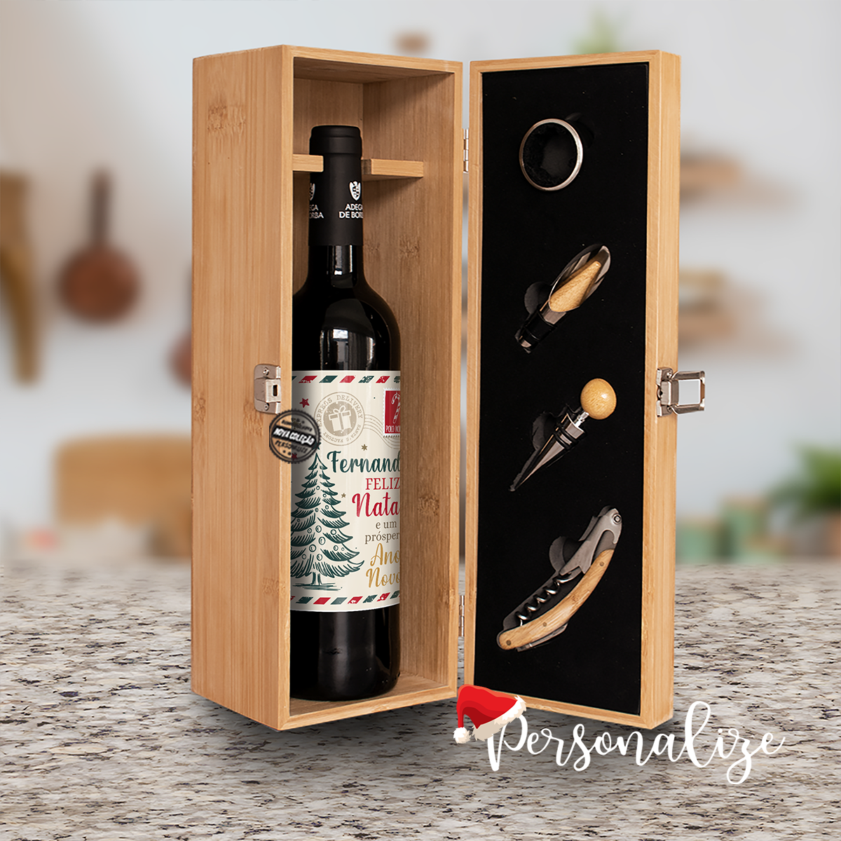 Kit postal caixa de vinho com acessórios "Feliz Natal"