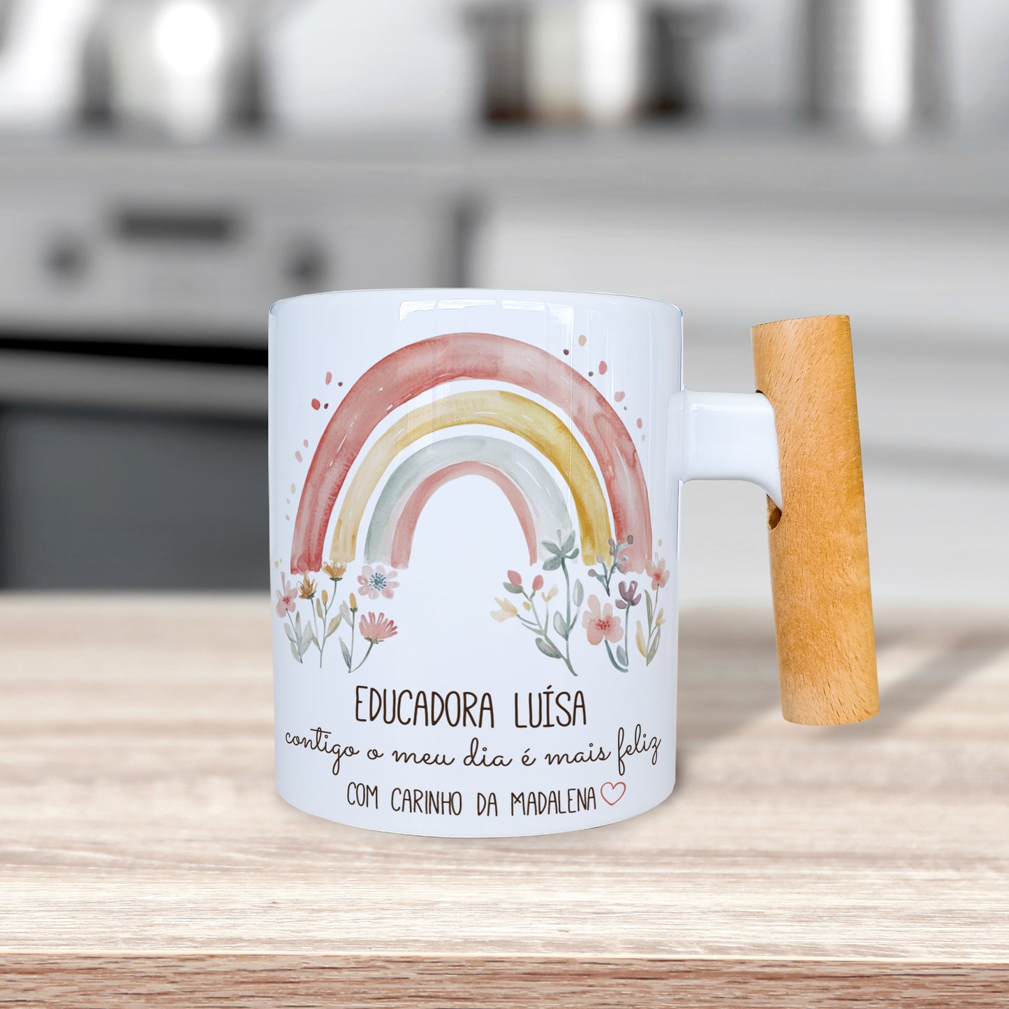 caneca com asa de madeira "Arco-íris"