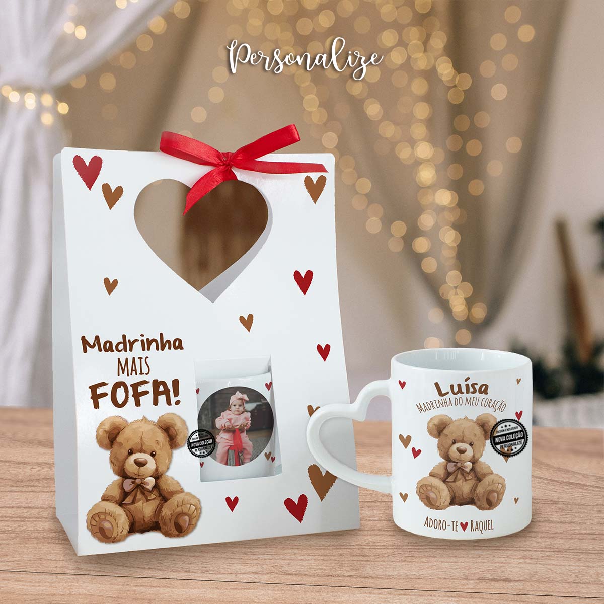 Caneca com saco asa coração ursinho "Madrinha fofa"