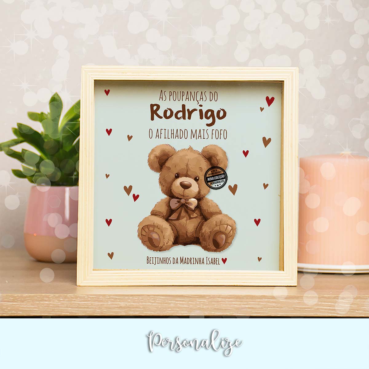 Mealheiro madeira ursinho "Afilhada/o"