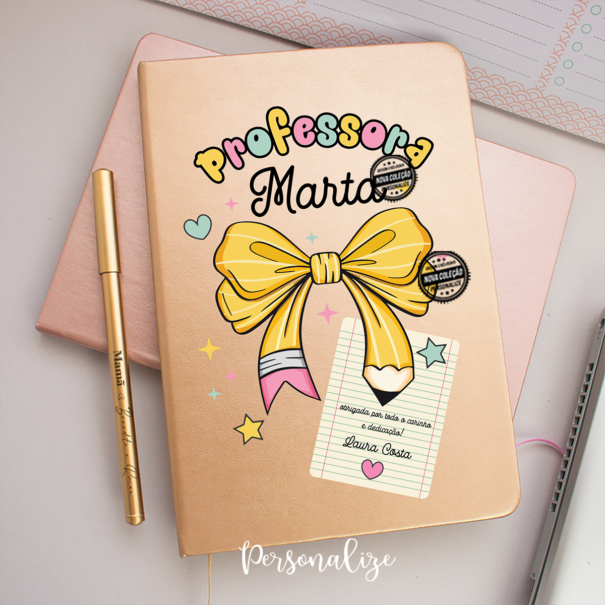 Bloco com caneta lápis laço "Professora"