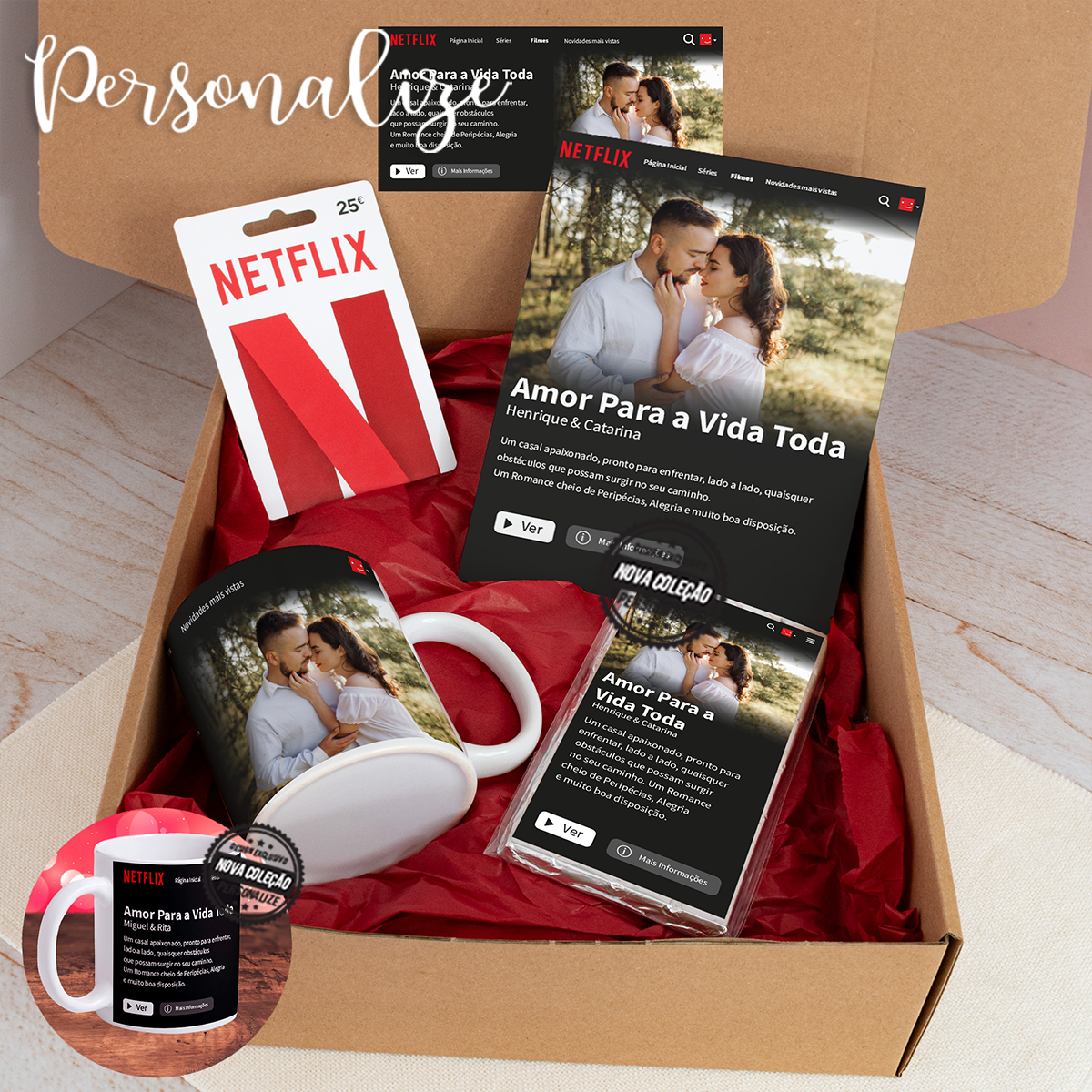 Dia dos namorados! Kit Netflix "Amor para a vida toda". Adoramos esta inspiração, inspire-se também e personalize a sua moldura com a frase e a fotografia que desejar. Vendido com ou sem cartão netflix. kit inclui: - Cartão Netflix no valor de 25€. - Moldura em madeira 15x20cm. - 1 tablete de chocolate 100grs. - 1 caneca cerâmica. capacidade 350ml. - Caixa com autocolante ( caixa incluída com ou sem cartão netflix). REF: NAM480