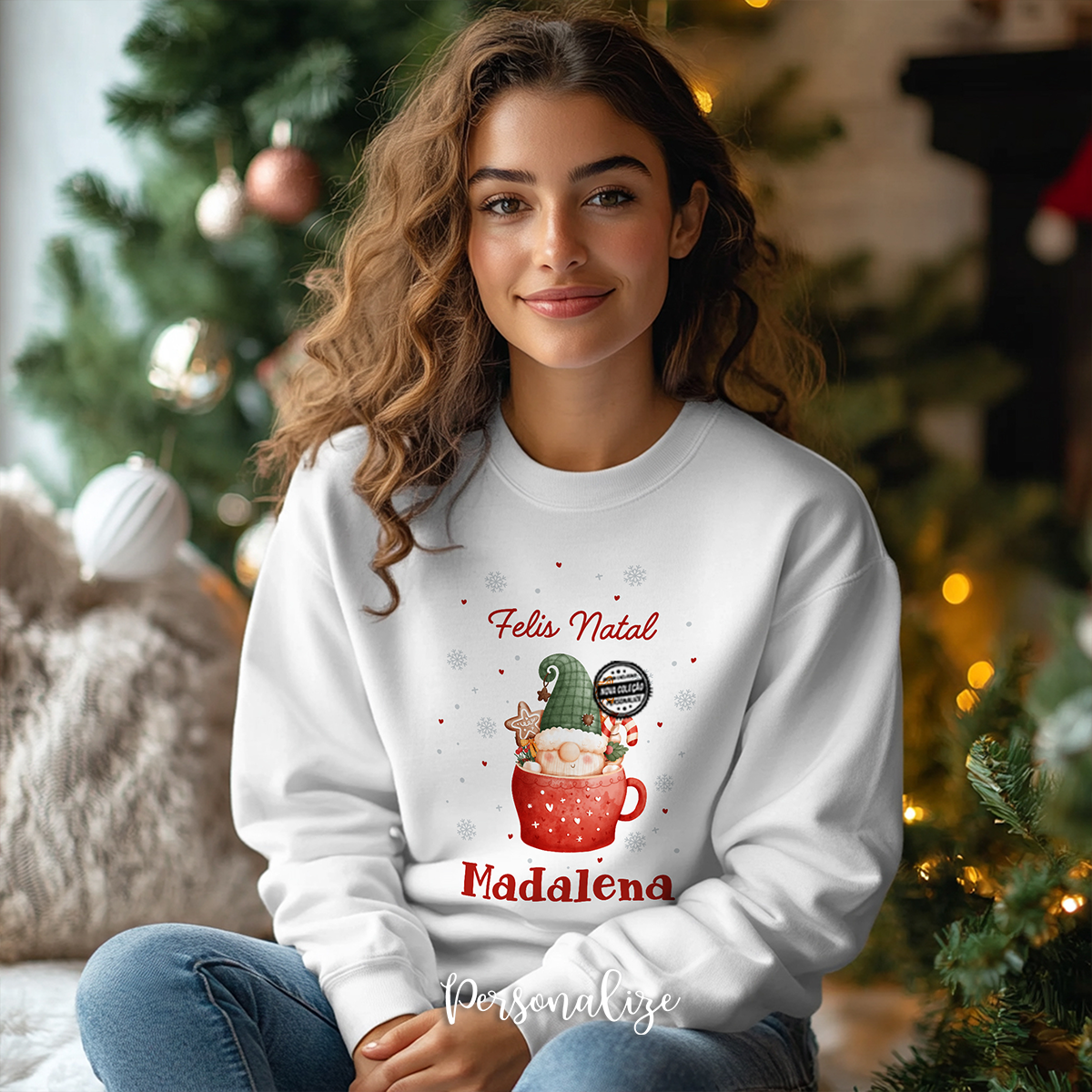Sweat de Natal branca gnomo "Nome"