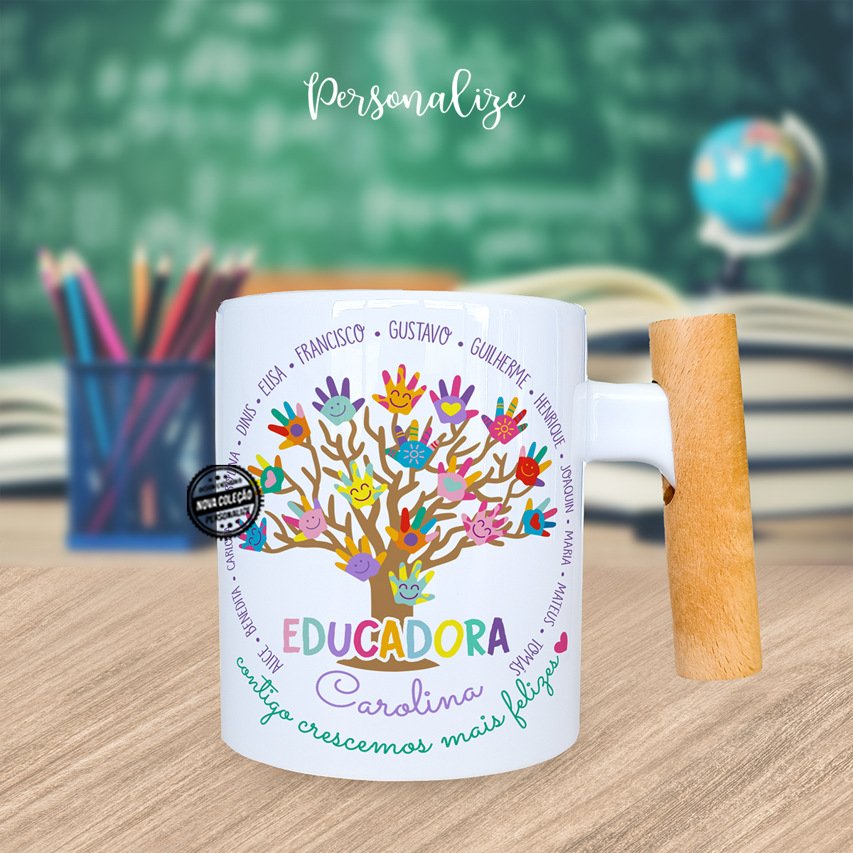 Caneca asa madeira árvore mãos "Contigo crescemos..."