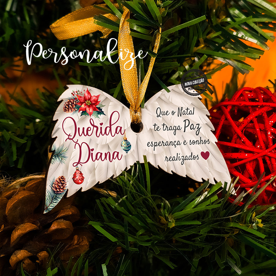 Para quem adora asas, ficam lindíssimas nas decorações de natal =)
Pendente asas " Que o Natal te traga Paz, Esperança e sonhos realizados " , o texto podem personalizar ao vosso gosto e a fita para pendurar está incluída.
Uma prenda de natal económica, original e cheia de significado.