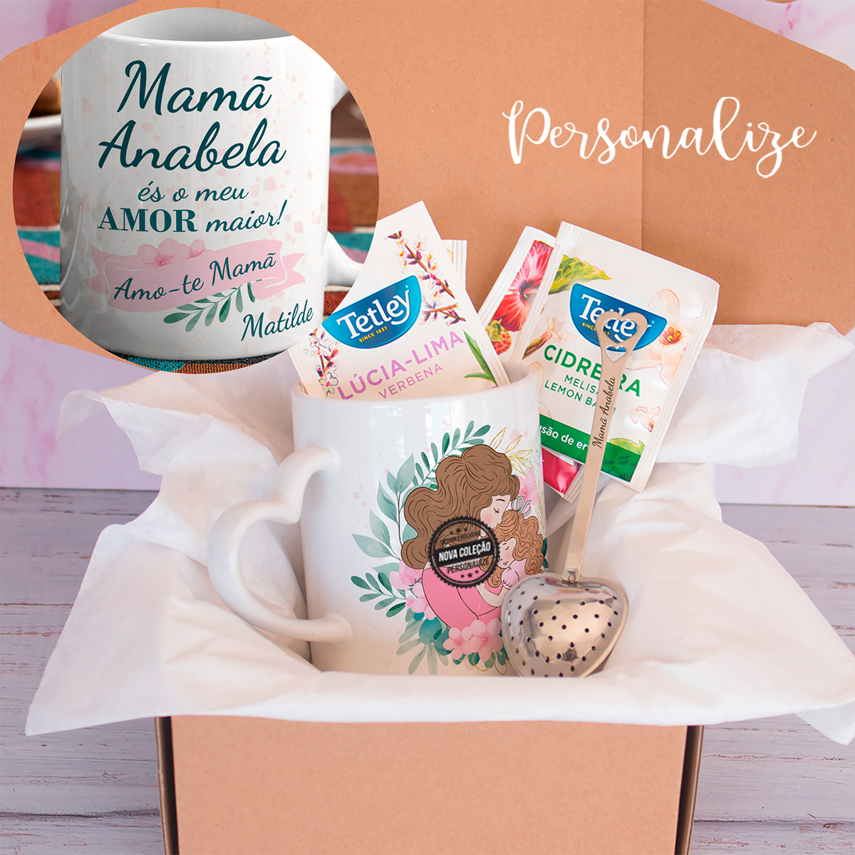 Kit caneca de cerâmica + infusor de chá "Mãe, amor maior"