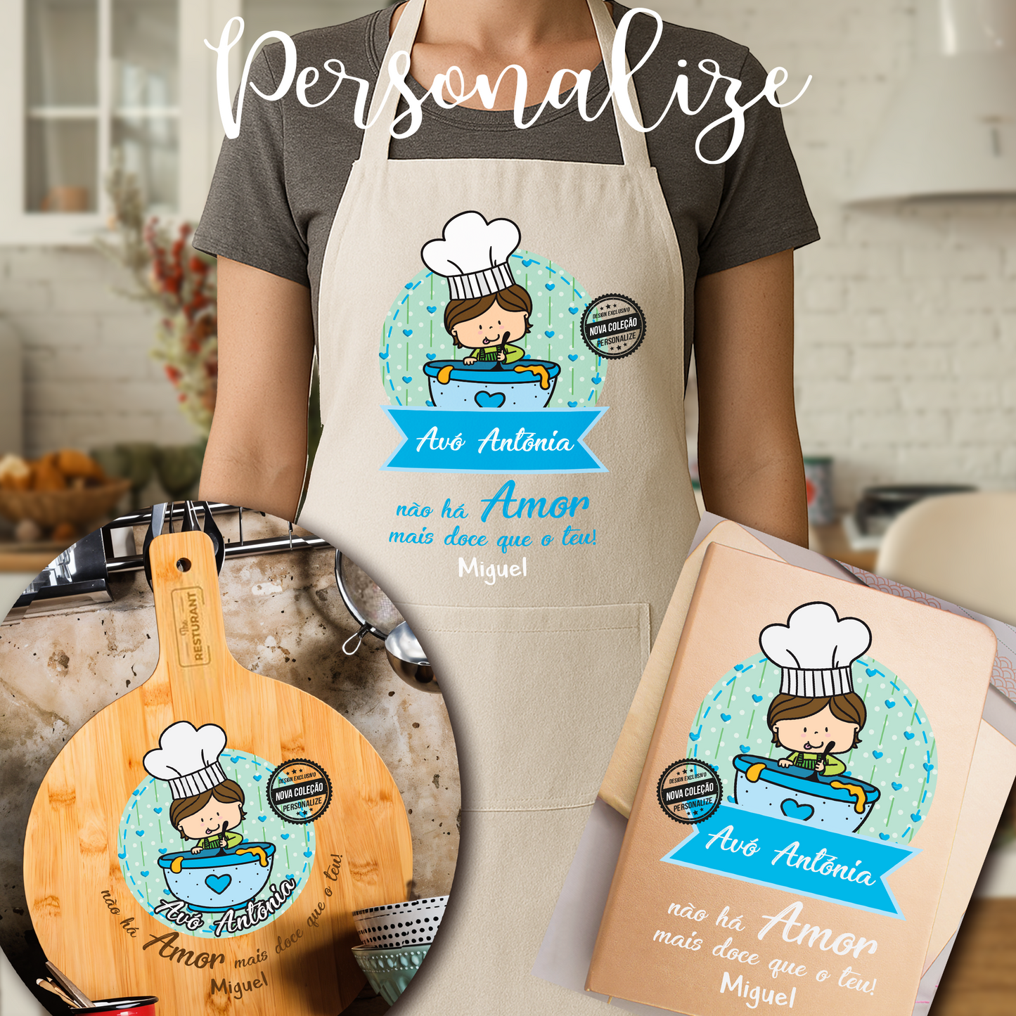 Conjunto Avental, Tábua redonda XL e bloco dourado " Amor de Avó"