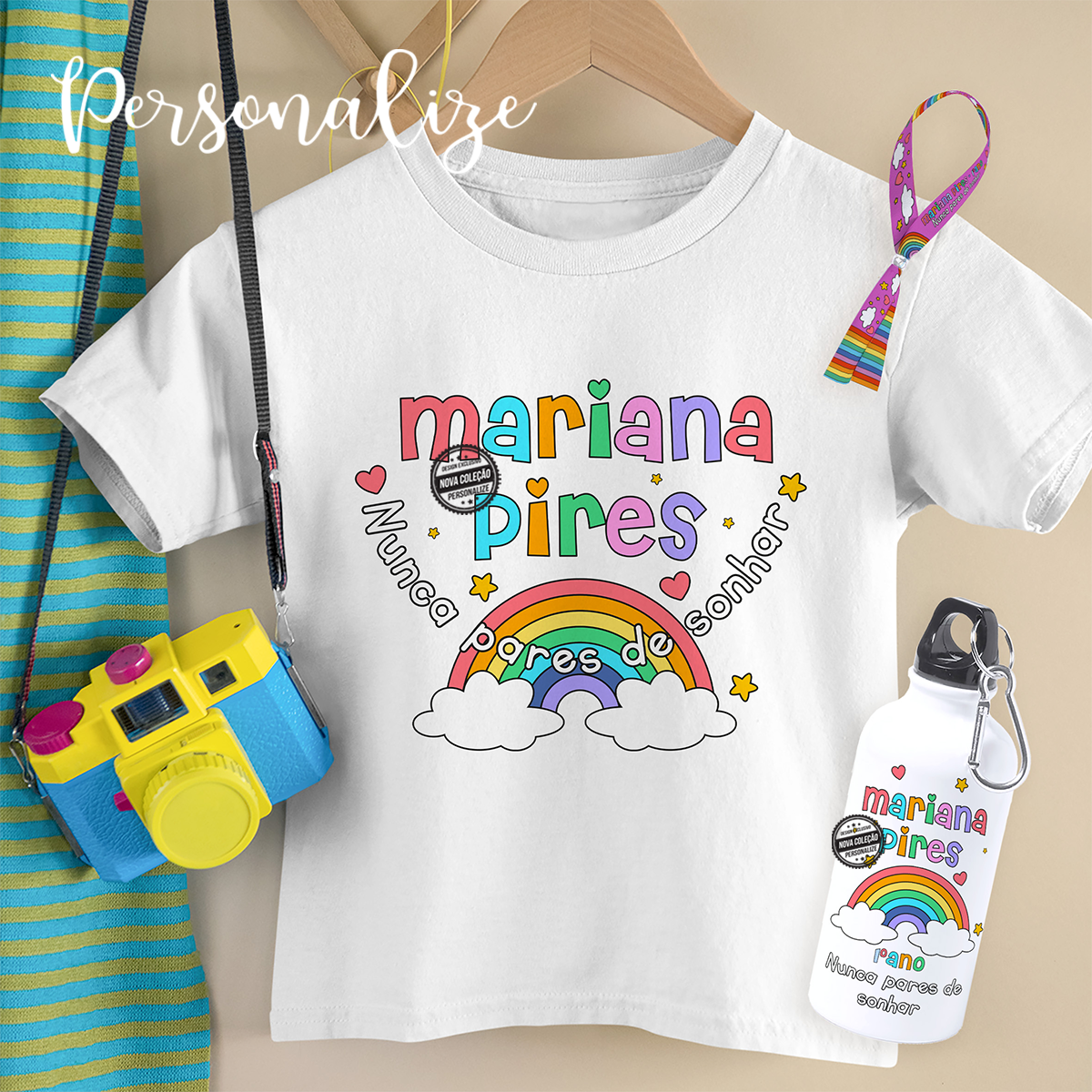 Novidade! Um conjunto super fofinho para as nossas crianças e o presente perfeito para um regresso às aulas em grande! Conjunto "Nunca pares de sonhar" . Conjunto composto por t-shirt 100% algodão, garrafa metálica de 400ml e pulseira de tecido ajustável. As 3 peças de conjunto são com a mesma gravação. Vendido em conjunto e separadamente. T-shirts disponíveis de 1-2 anos a 12-14 ano