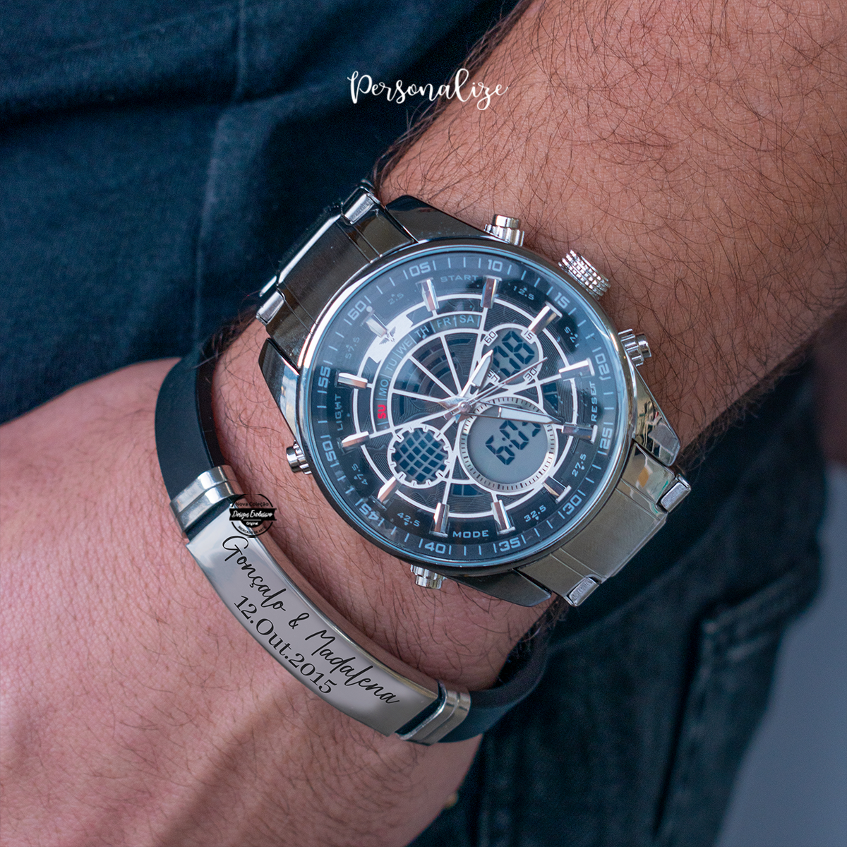 Novo modelo de relógio e pulseira que temos a certeza que o Pai, avô, namorado, amigo vai adorar!!!
Relógio e ou pulseira "Nomes e data" em aço inoxidável, personalizado com a frase e/ou nomes que desejar.