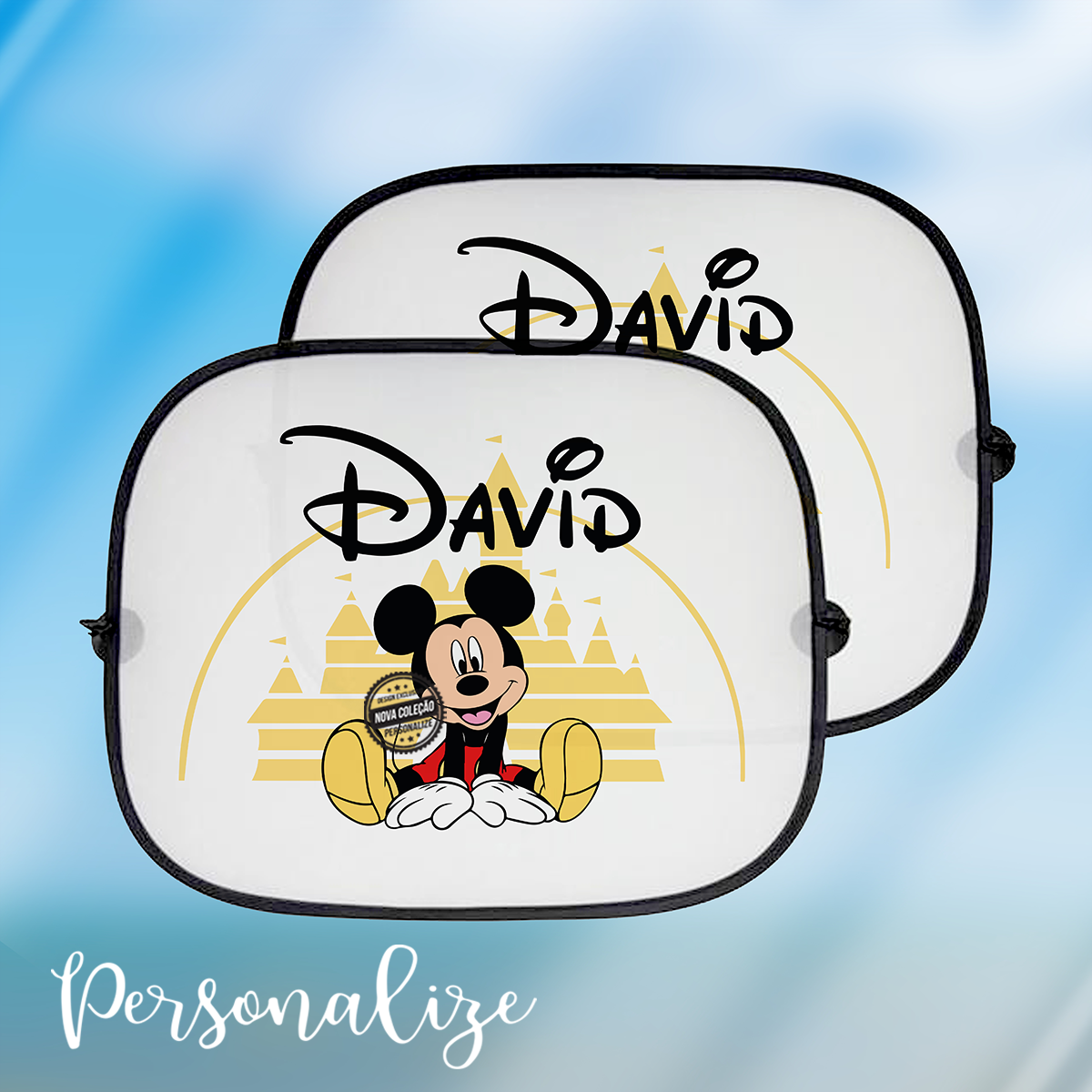 Novidade! Proteja os seus filhotes do sol nas viagens com os nossos tapa sol super giros com a Minnie ou Mickey que eles tanto adoram. Personalize com o nome que desejar. Cada conjunto inclui 2 tapa sol iguais. REF:KIDS089
