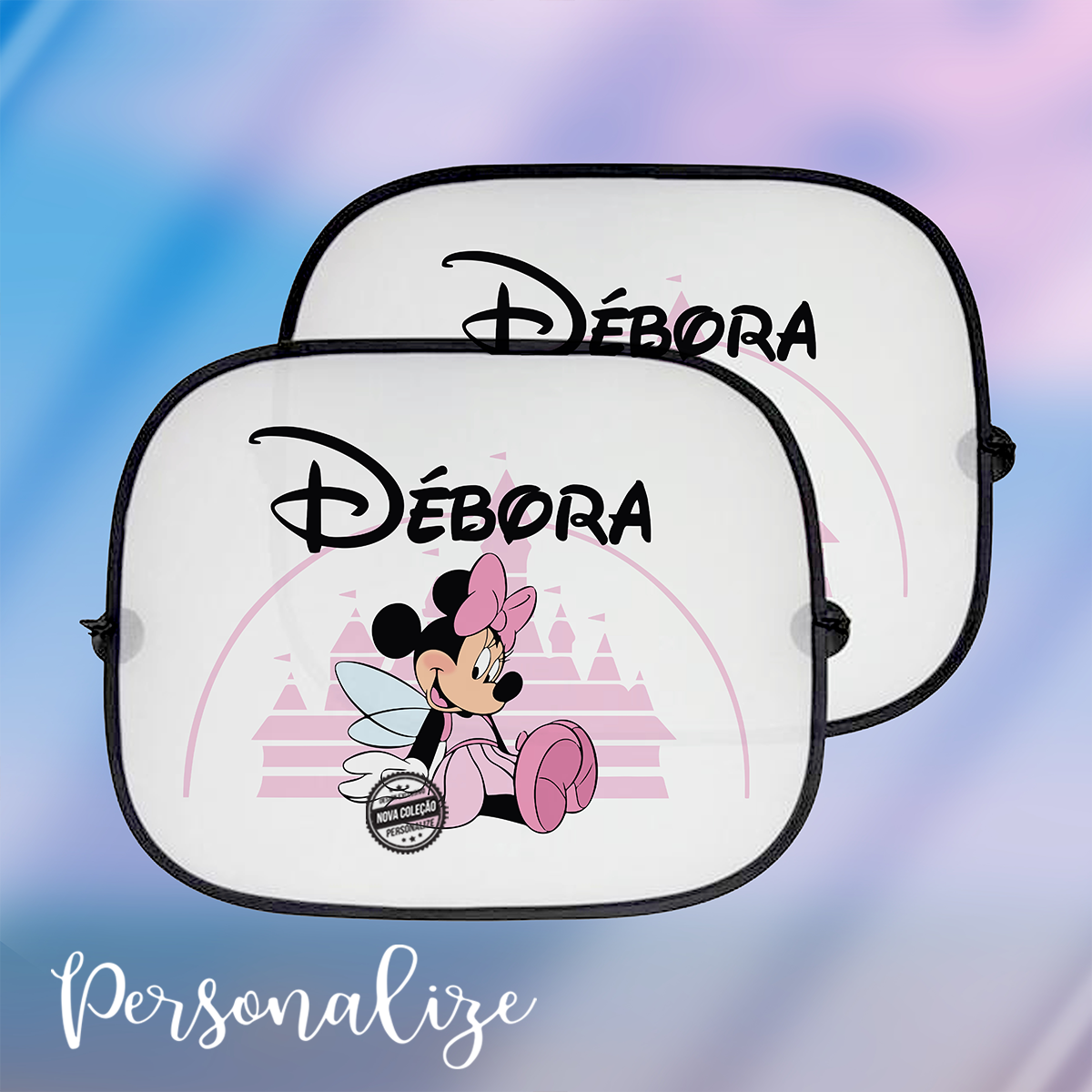 Novidade! Proteja os seus filhotes do sol nas viagens com os nossos tapa sol super giros com a Minnie ou Mickey que eles tanto adoram. Personalize com o nome que desejar. Cada conjunto inclui 2 tapa sol iguais. REF:KIDS089