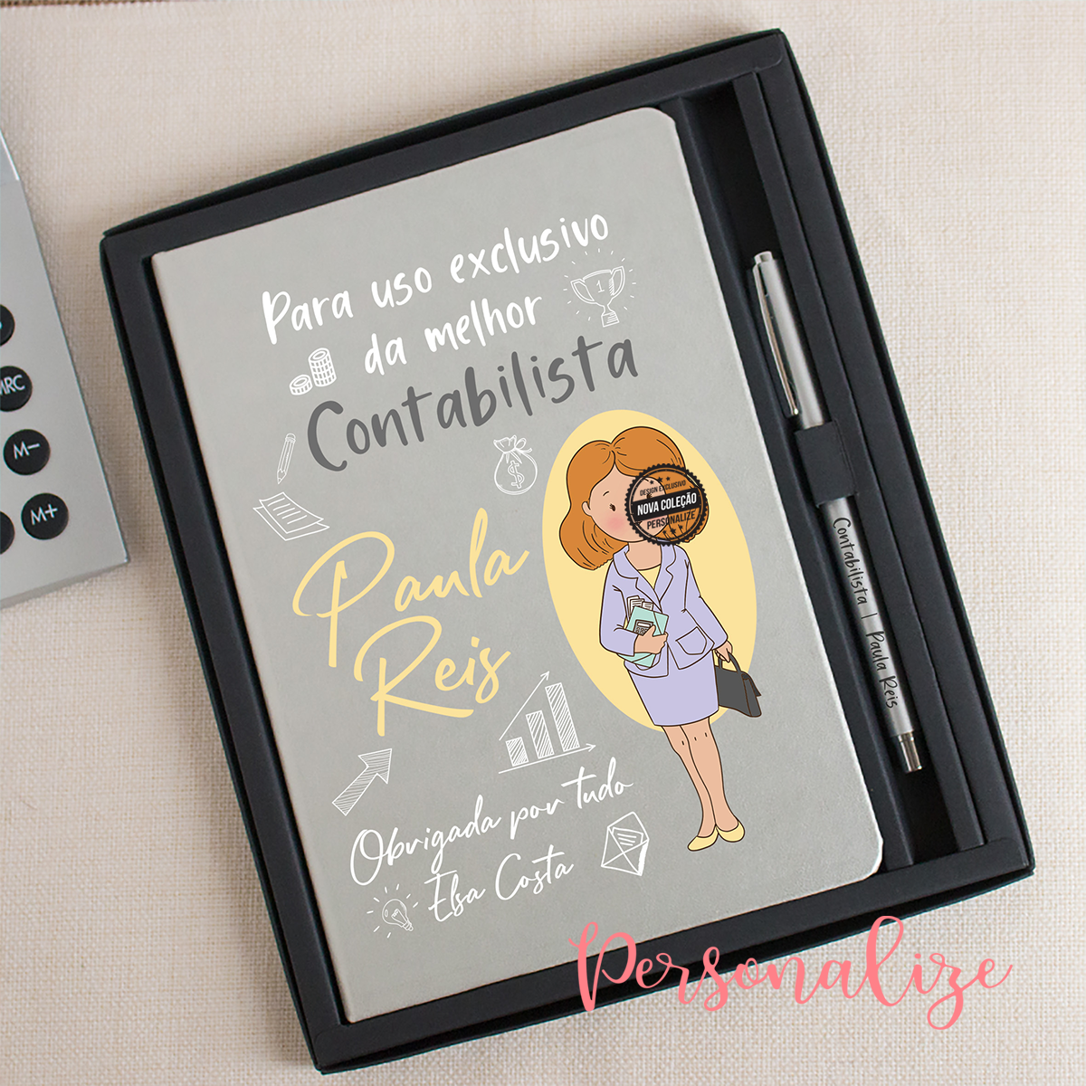 Conjunto bloco e caneta "Contas em dia com o melhor contabilista"