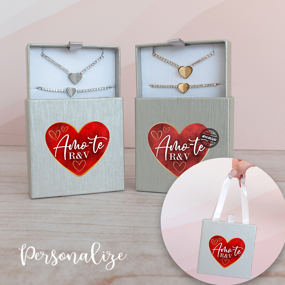 Conjunto fio e pulseira strass "Namorados"