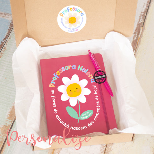 kit bloco A5 + caneta " As flores de amanhã nascem das sementes de hoje" . bloco a5 com folhas lisas. Caneta metálica.  Pode personalizar o bloco e caneta como desejar. Caixa presente incluída.
