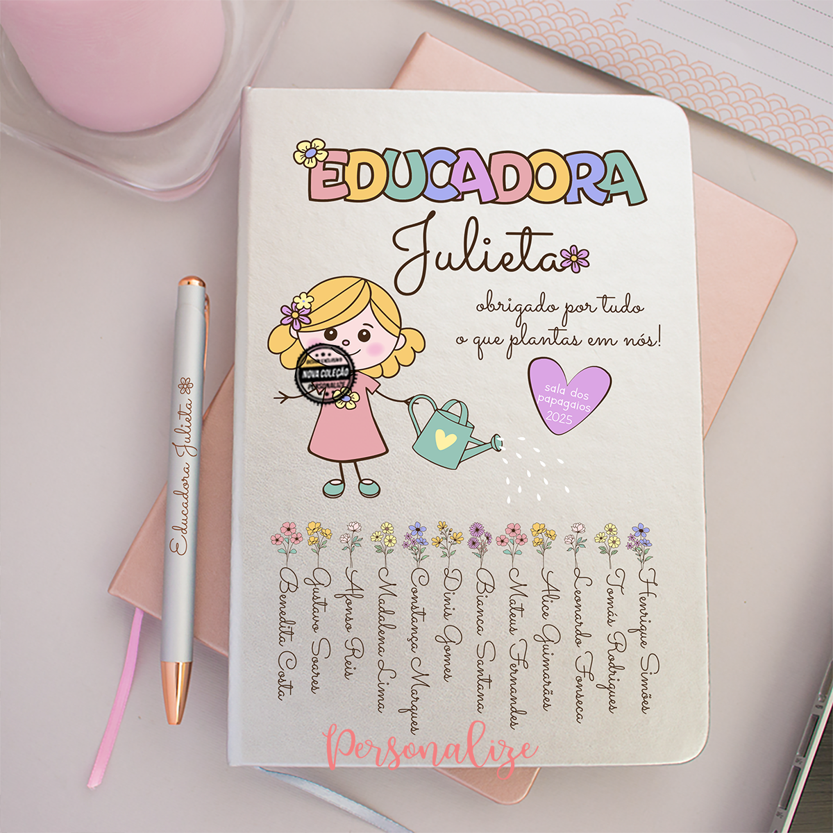 Bloco com caneta flores educadora "Obrigada..."