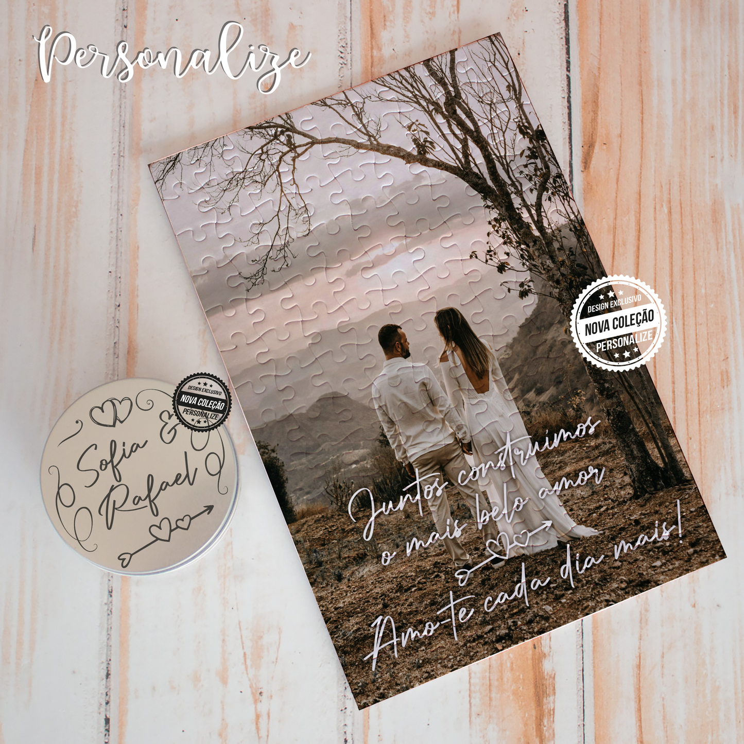 Conjunto caixa com puzzle "Juntos construímos o mais belo amor"