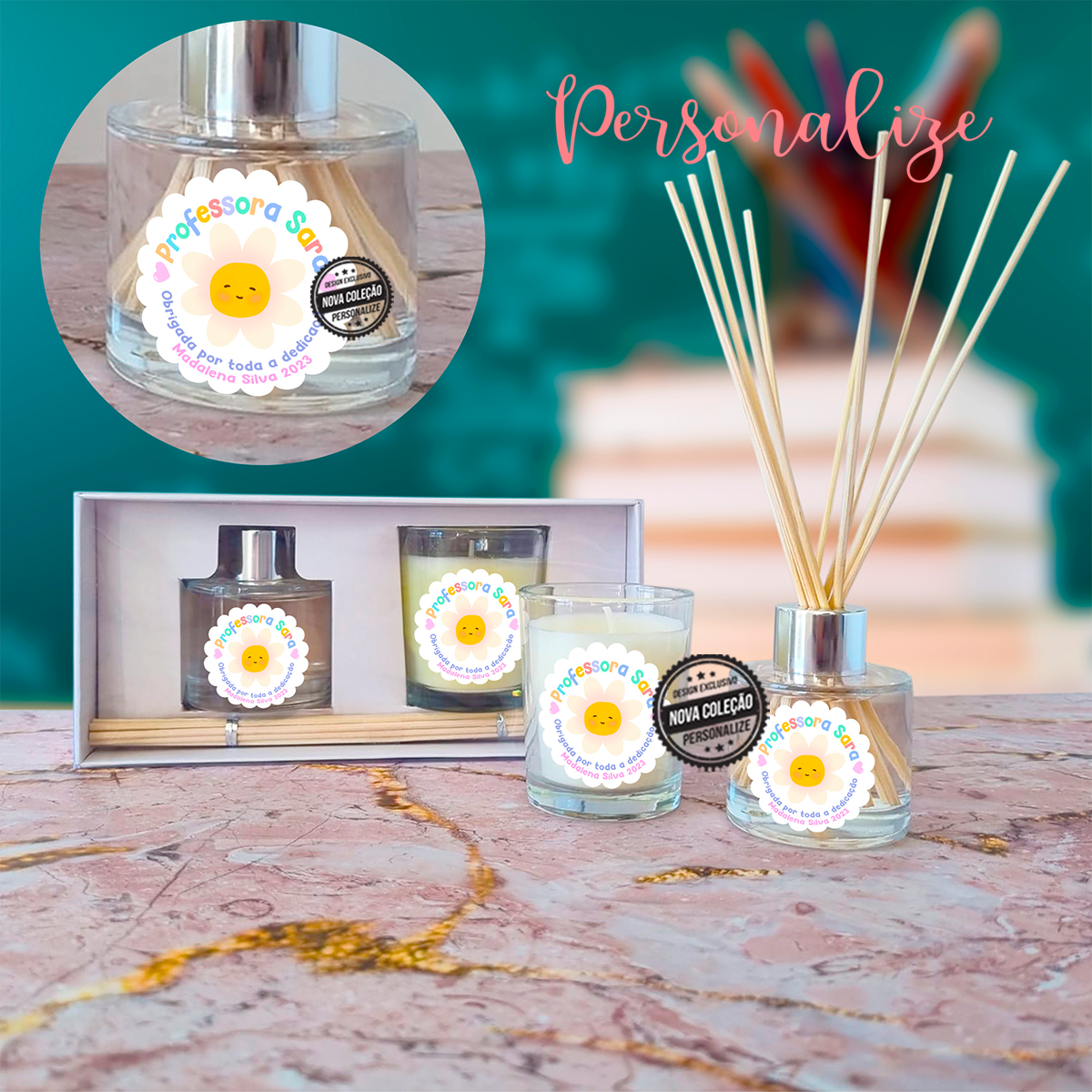 Conjunto mikado "Professora, obrigada..." personalizável com texto a seu gosto. REF:PRO474 O nosso kit Inclui: Mikado aromático com aroma jasmim em frasco de vidro de 50 ml, com 10 varetas de vime e tampa em alumínio. Vela aromática com aroma baunilha em frasco de vidro. Caixa incluída