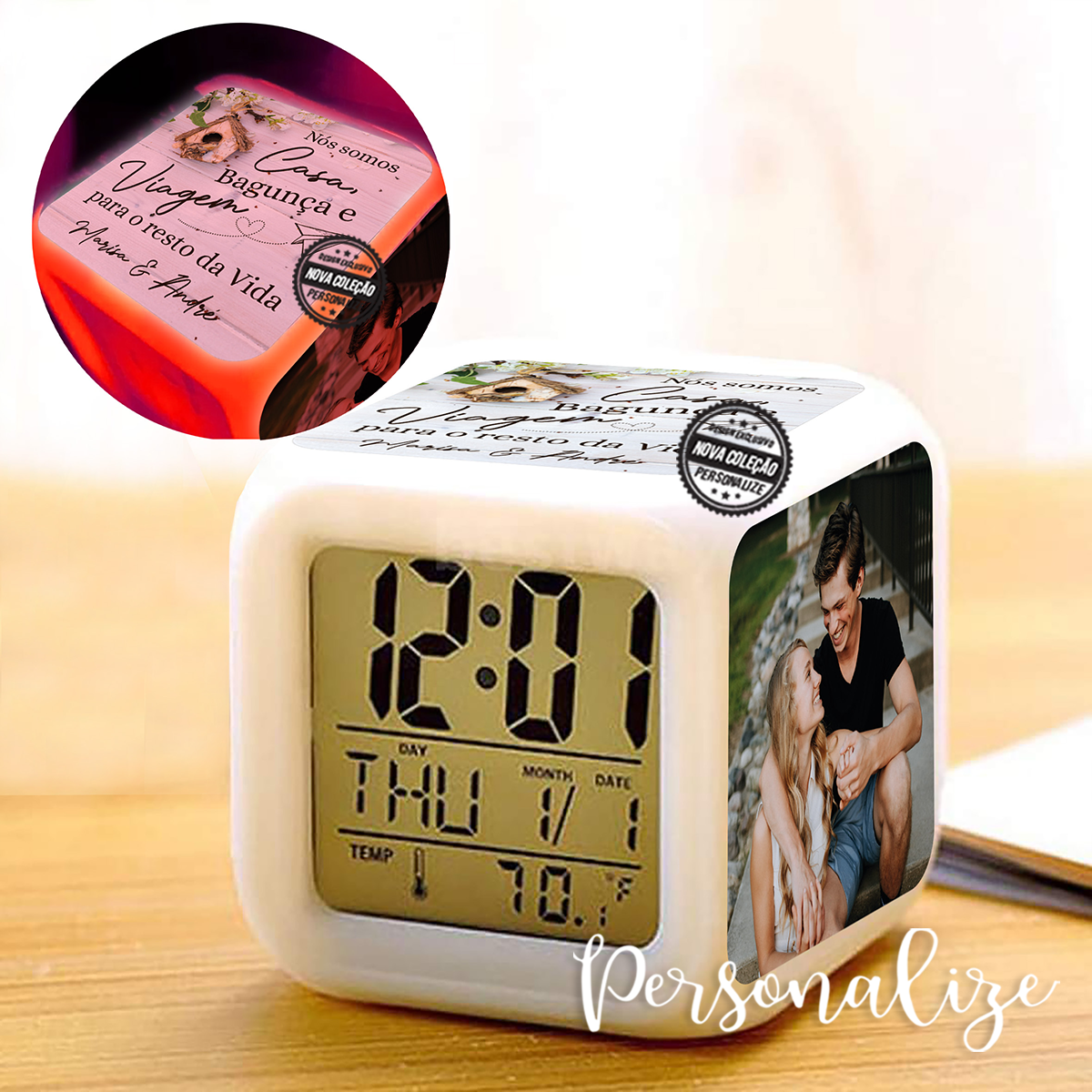 Novidade! Relógio/Despertador " Nos somos casa, bagunça e viagem para o resto da vida". Uma peça super gira e útil para os mais dorminhocos! Relógio/despertador com luz de presença led que pode personalizar com uma fotografia que desejar e com frase especial dedicada à sua cara metade. REF: NAM473 Material Luz led de 7 cores que vai mudando aleatoriamente. Calendário. temperatura e alarme. Dimensões 7.8cm.