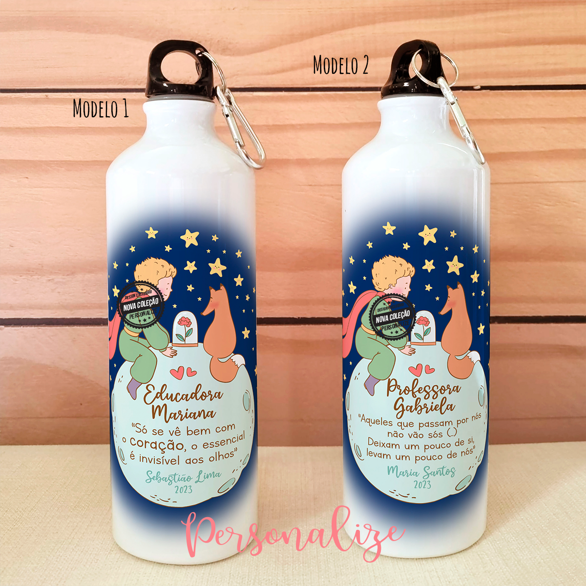 Novidade final de aulas! As nossas garrafas são sempre um dos artigos preferidos para oferecer, super útil e com gravação de alta qualidade, encomende já a sua! Garrafa "Principezinho" com capacidade para 800 ml , escolha o modelo que mais gosta e personalize como desejar. REF:PRO503 Material e capacidade: Alumínio e 800 ml de capacidade.