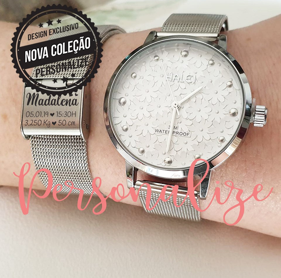 Relogio aço inox, "Dados de nascimento" Personalize