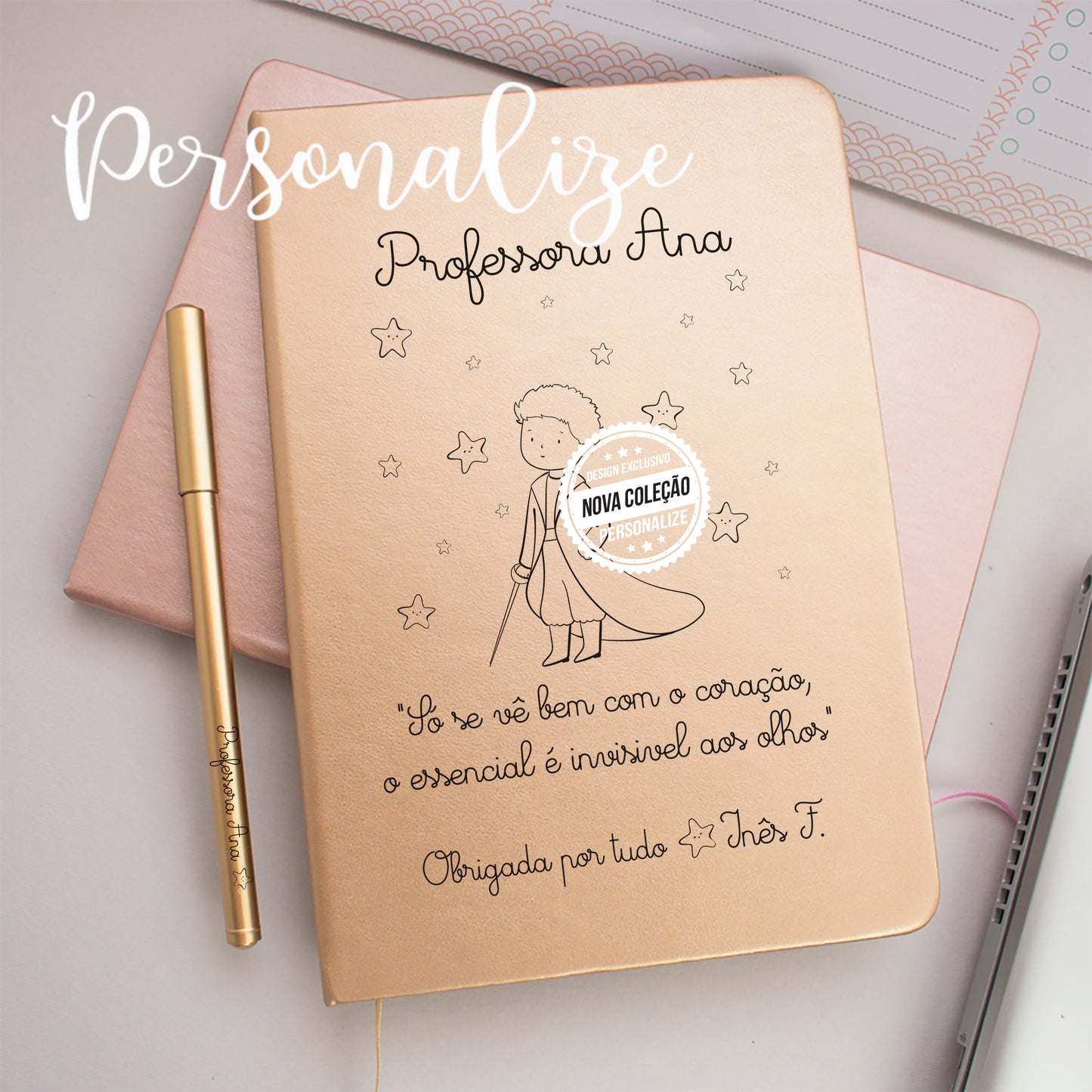 Bloco de notas principezinho com caneta a fazer conjunto