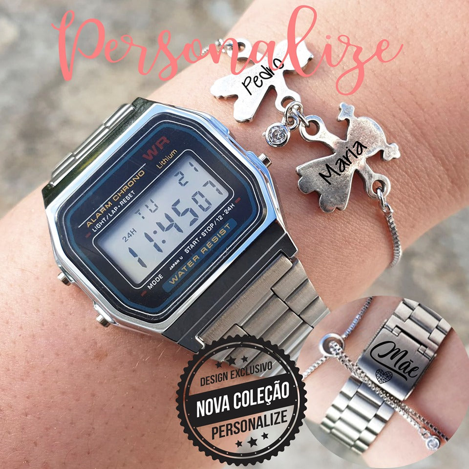 Relogio aço inoxidável e pulseira "Mãe" Personalize