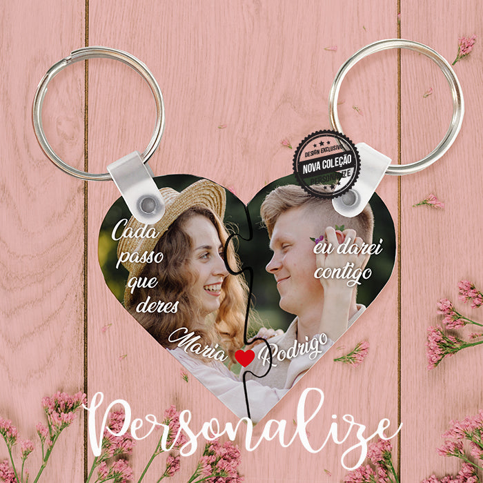 Conjunto de porta-chaves puzzle coração " Cada passo que deres, eu darei contigo"