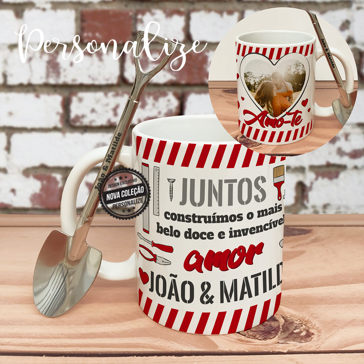 "...o mais belo e invencível Amor" Caneca de cerâmica e/ou colher em forma de pá. Pode personalizar com o a frase e fotografia que desejar. Conjunto com caixa incluída. Vendido em conjunto ou separado. REF:NAM423