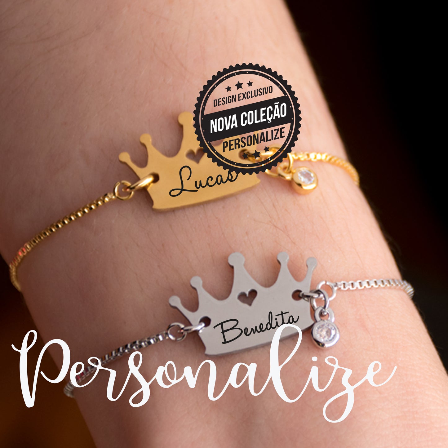 Pulseiras com coroa gravada com nome