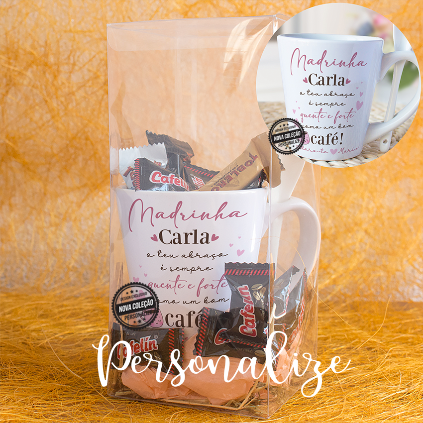 Caneca com colher "Madrinha , o teu abraço é sempre quente e forte como um bom café"