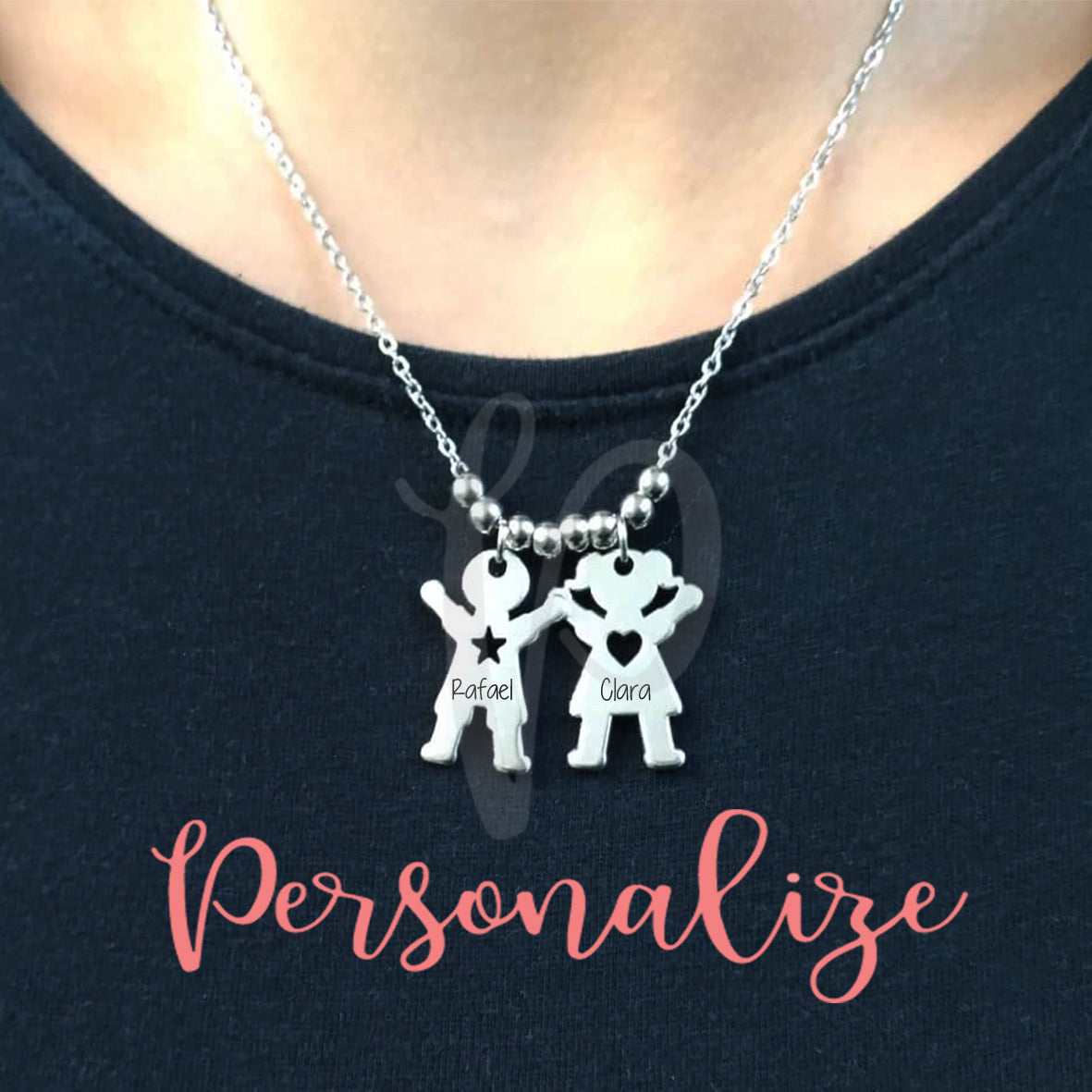 Fio aço inox com pendentes menino e menina com banho de prata Personalize