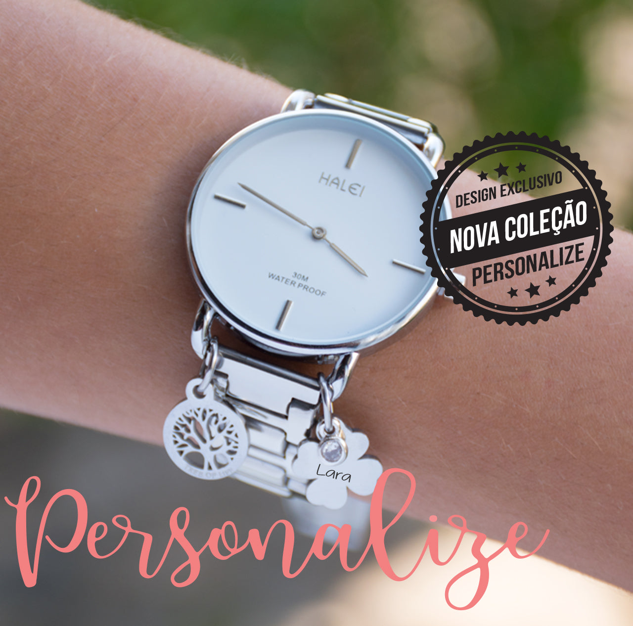 Relógio aço inox com acessorios e gravação de nome Personalize