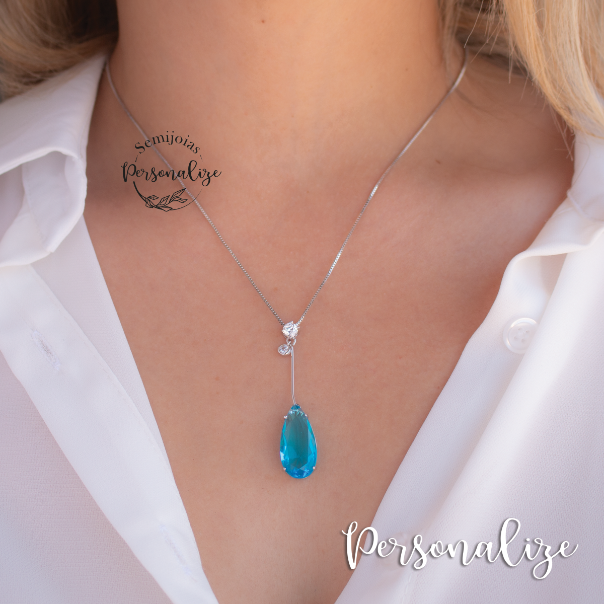 Fio com banho de ródio "Gota" cristal pedra natural lapidada azul marinho e zircónia.