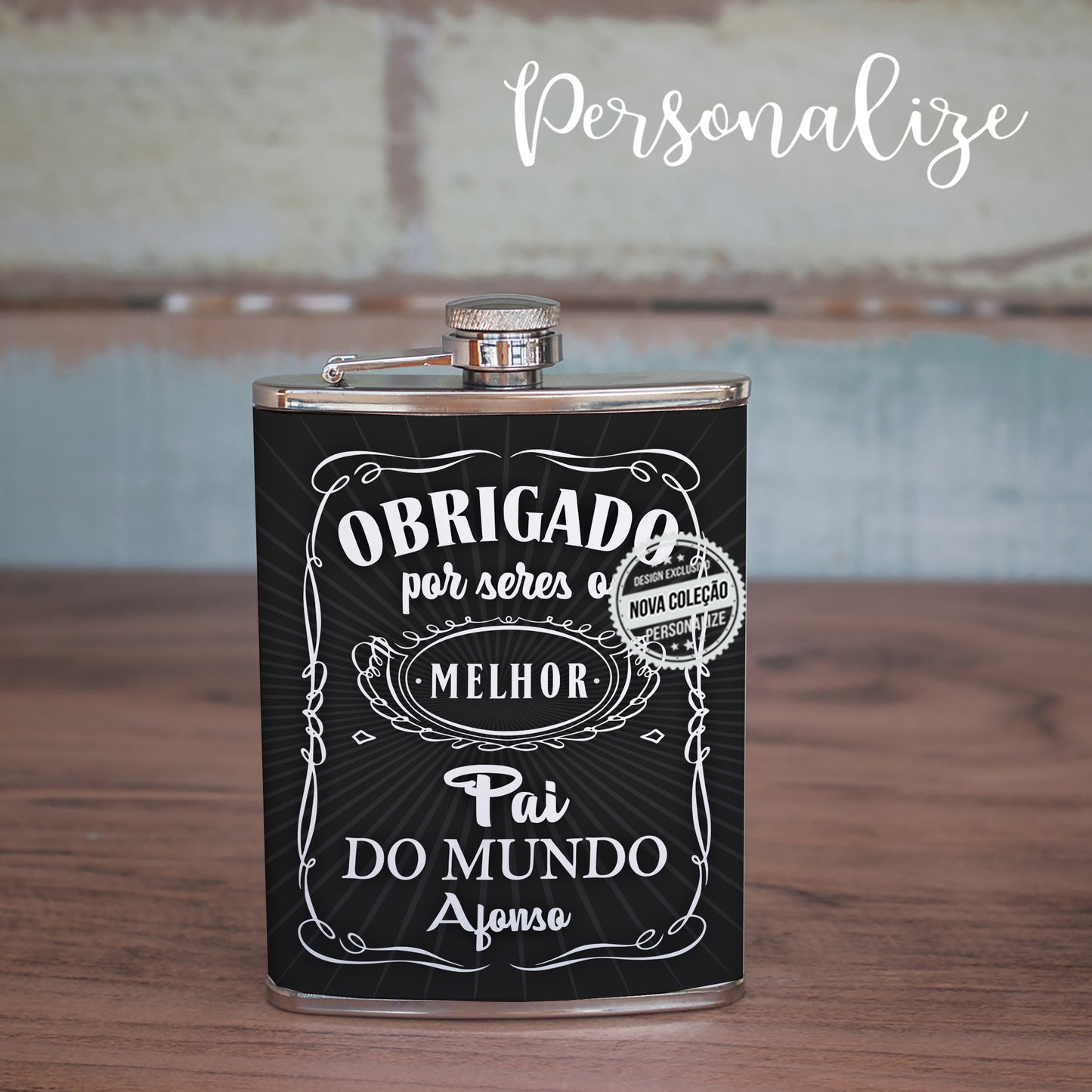 Novidade! Garrafa whisky em aço inóx e pele sintética preta "Obrigada por seres o melhor pai do Mundo". Um presente super premium e original que vai surpreender. REF: PAI367