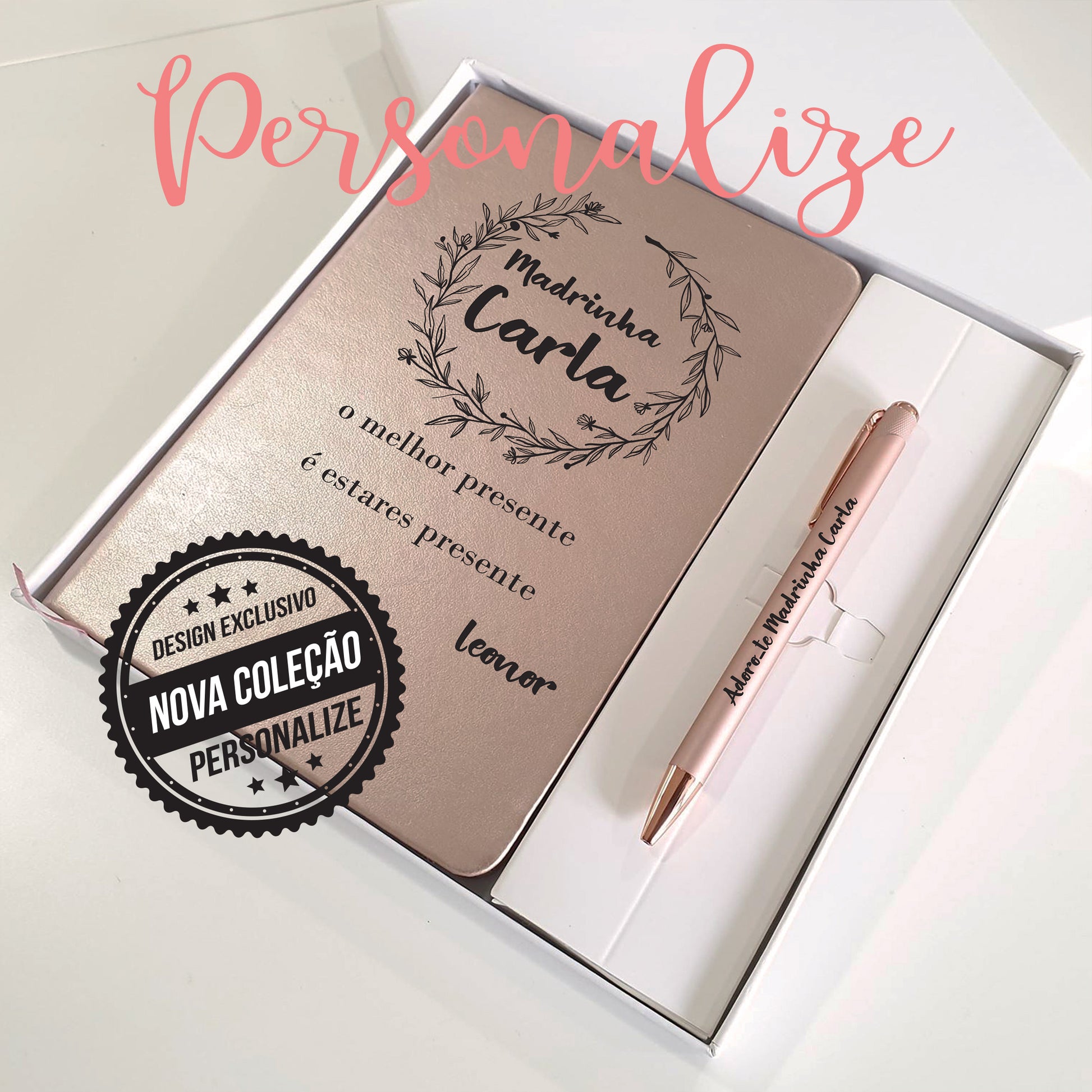 Caixas com bloco e caneta totalmente personalizáveis Personalize