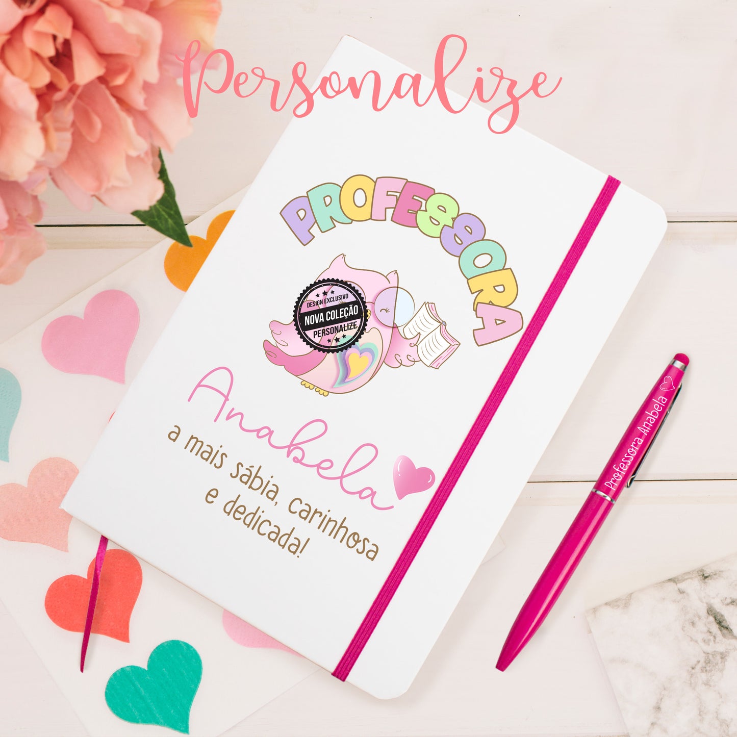 bloco com caneta professora sábia ilustrada com uma coruja personalize como desejar