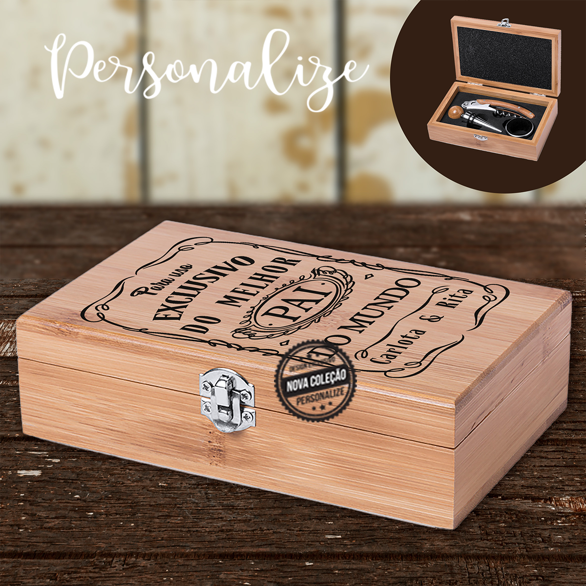 Caixa de madeira "Para uso exclusivo do melhor pai do Mundo". Caixa premium com fecho e com acessórios de vinho. Contém os seguintes acessórios: rolha, salva gotas e saca-rolhas com pormenor em madeira. Personalize a caixa com a a frase que desejar.