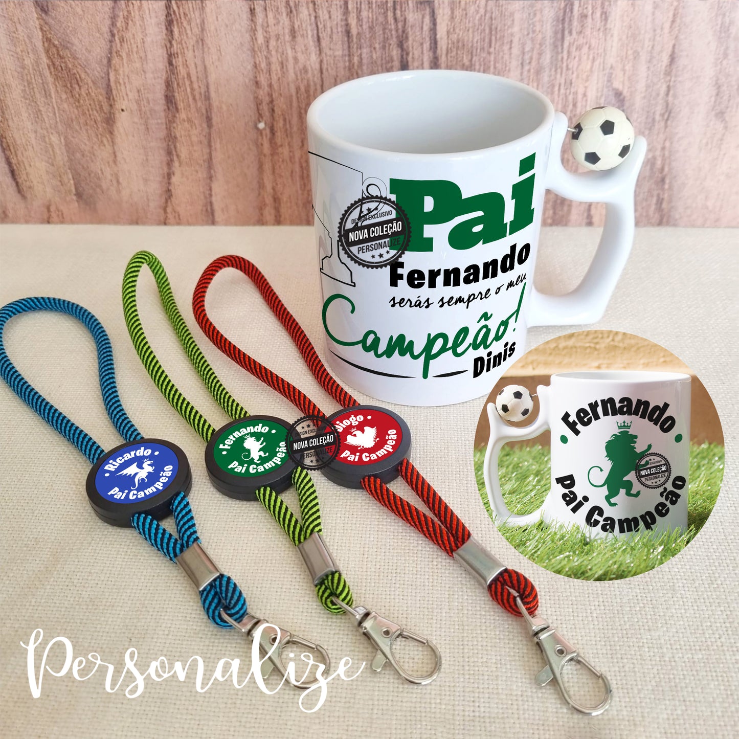 Para os mais fanáticos um conjunto super giro e original alusivo a clubes de futebol. Caneca de cerâmica com bola na pega e fita porta-chaves personalizada. Escolha o seu conjunto e personalize como desejar .