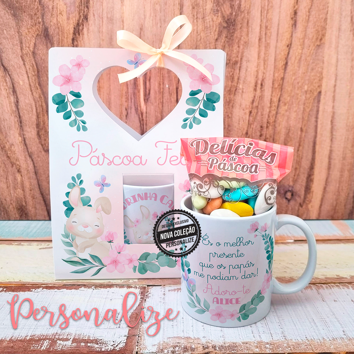 Novidade! As nossas canecas com caixinha são sempre um sucesso e agora completas com amêndoas para uma oferta ainda mais doce! Conte connosco para oferecer os presentes mais doces desta Páscoa! Personalize com a mensagem que desejar. Disponível com ou sem caixinha.
