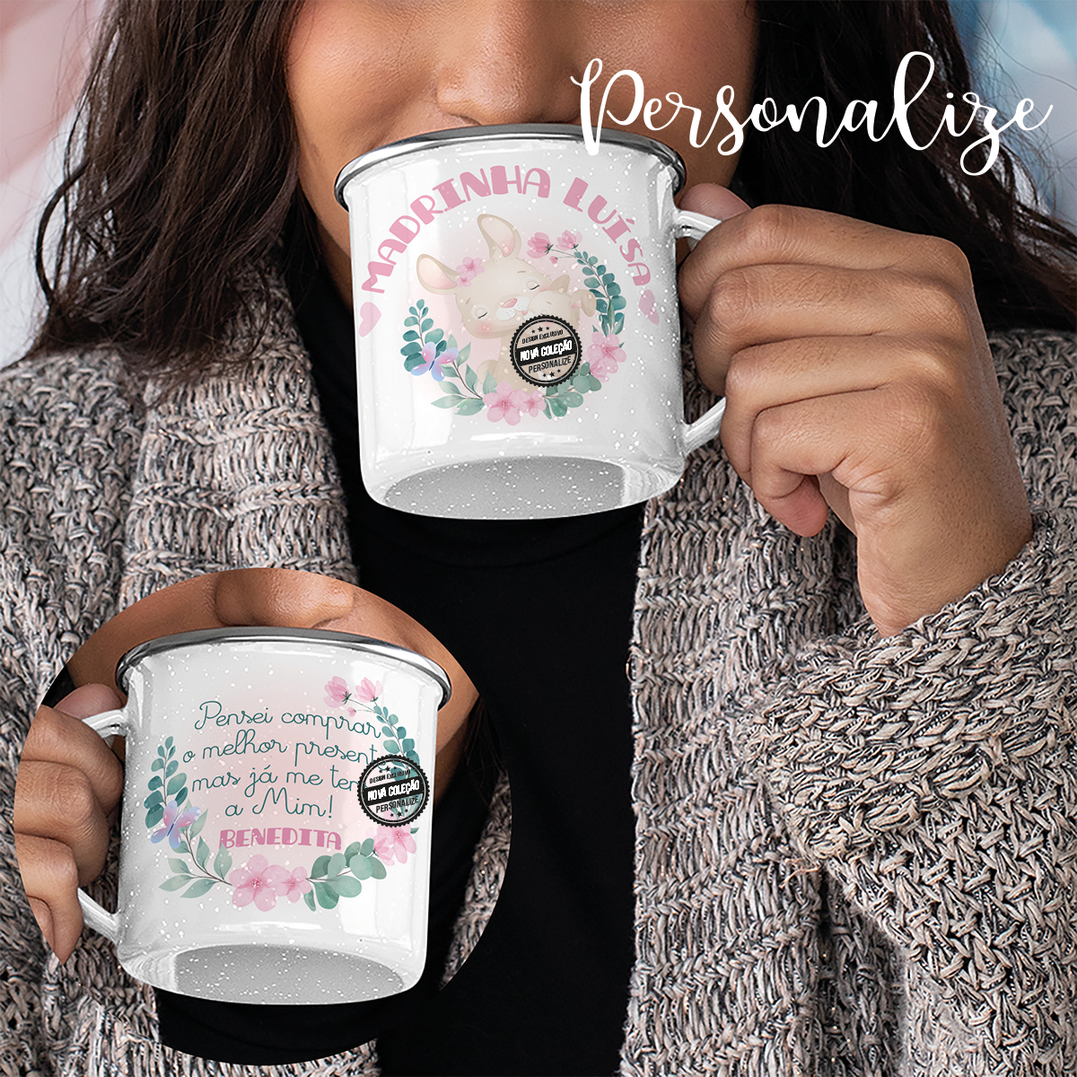 Caneca "Madrinha, pensei comprar o melhor presente mas já me tens a mim!. Surpreenda quem mais importa com presente super especiais personalizados por si. Disponível com versão de desenho azul quando oferece um menino ou rosa quando oferece uma menina.