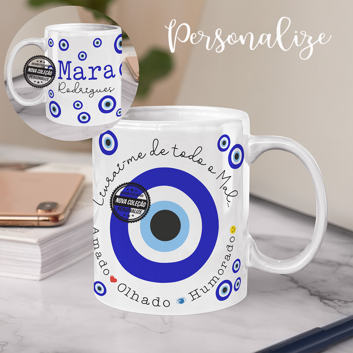 caneca de cerâmica olho turco. Pode personalizar como desejar.