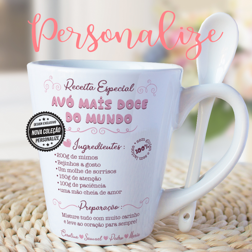 Caneca com colher incluída em cerâmica " Receita especial"