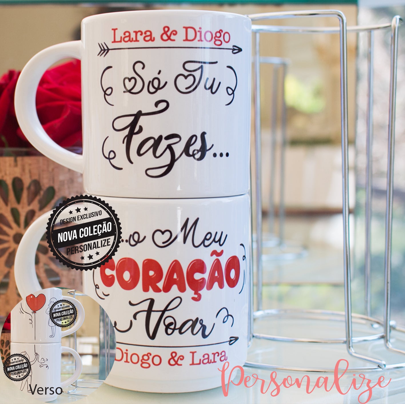 Conjunto de canecas " Só tu fazes o meu coração voar" com suporte